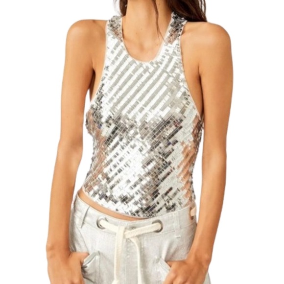 Free People Women's Disco Fever silver sequin Cami - Picture 2 of 10